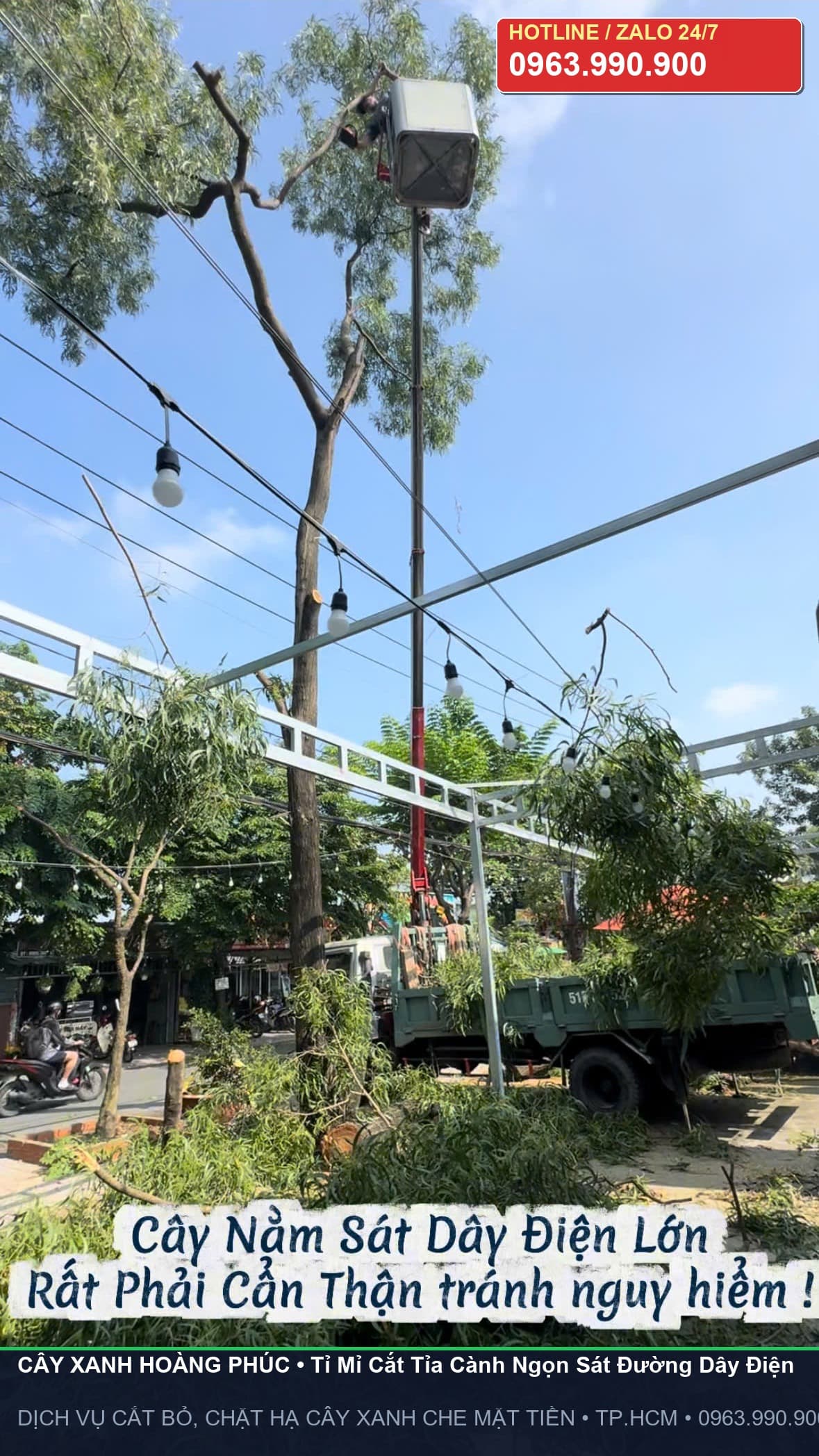 Xe cẩu nâng thợ tỉ mỉ cắt tỉa từng nhánh ngọn sát đường dây điện lớn